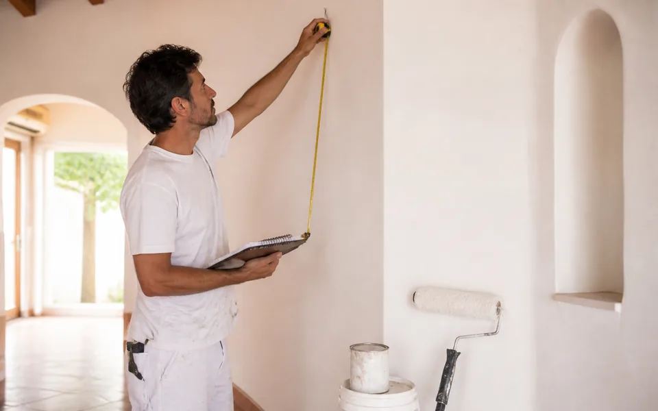 Pintor profesional preparando paredes en un piso de Motril antes de presupuestar la pintura