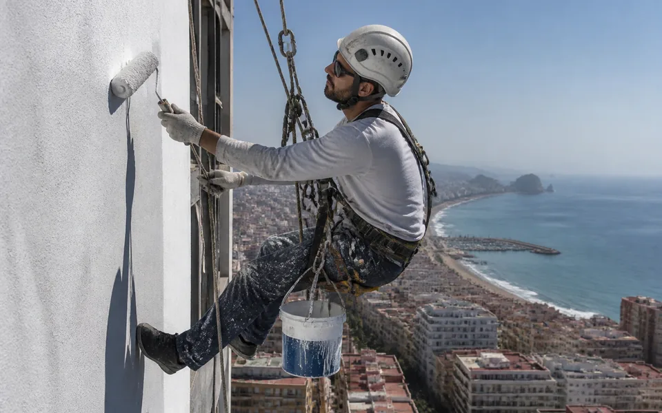 Trabajos verticales en fachada de edificio en Motril con equipo de cuerdas certificado