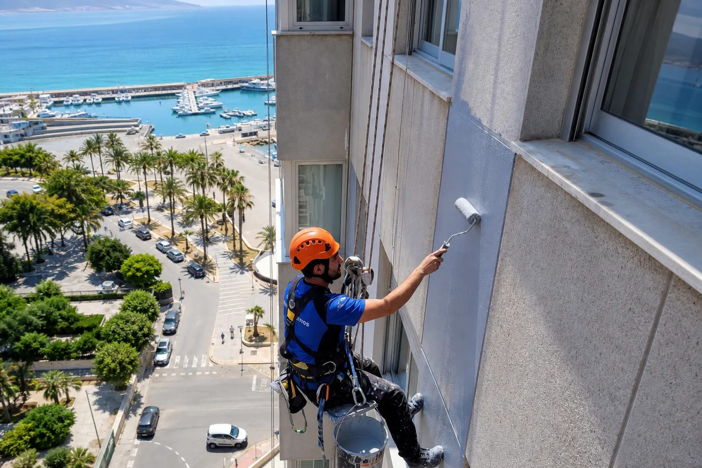 Pintor con arnés realizando trabajos verticales en fachada con vistas al puerto de Motril